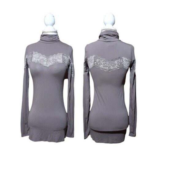 Free People Women’s Lace Trim Turtleneck BlouseTop Taupe Size XS - Picture 2 of 7